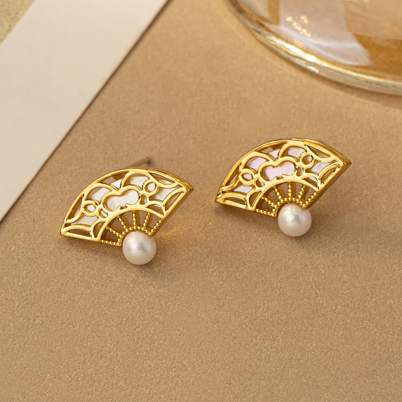 925 Sterling Silver Posts Fan Pattern Pearl Copper Wisdom Stud Drop Earrings - Image 5