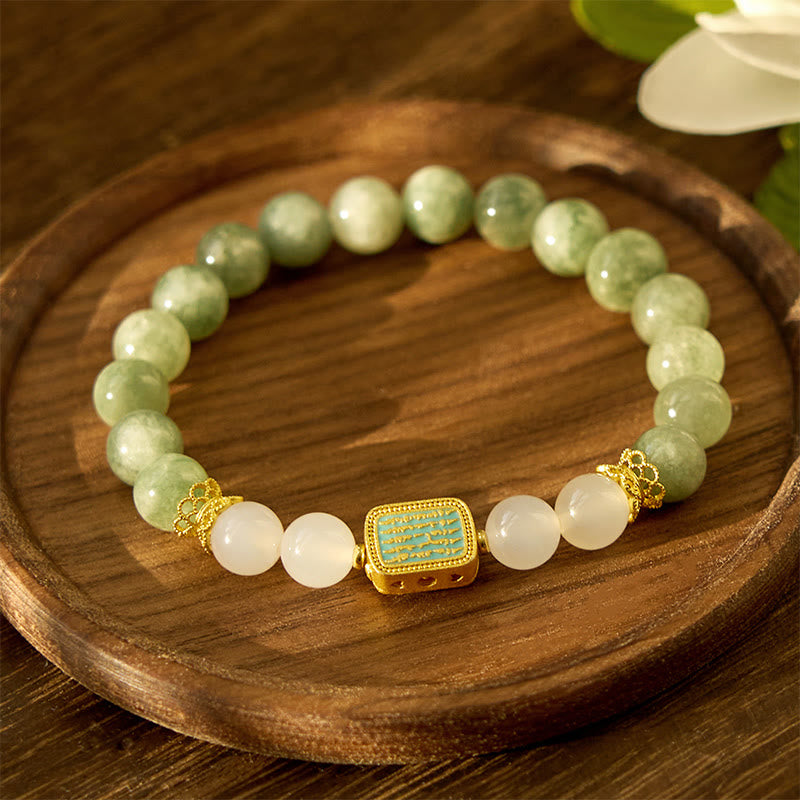 Natural Green Jade White Agate Five Scriptures Abundance Bracelet - Image 6