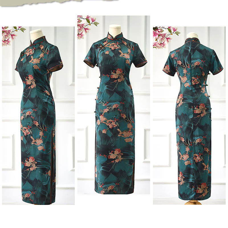 Vintage Pink Flowers Print Cheongsam Dress Women's Qipao Dress - Image 11