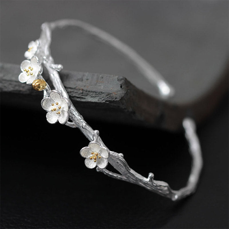 925 Sterling Silver Plum Flower Blessing Bracelet Adjustable Bangle - Image 9
