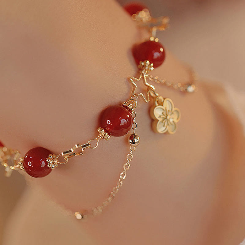 14k Gold Plated Red Agate Star Flower Charm Calm Bracelet - Image 10