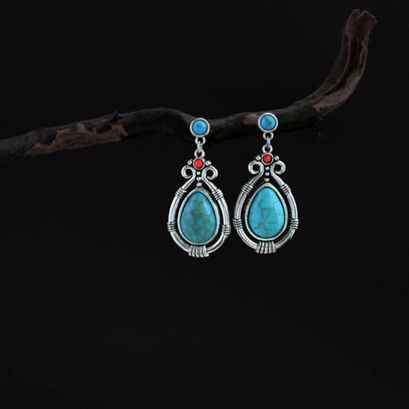 Tibet Vintage Turquoise Waterdrop Strength Drop Dangle Earrings Clips - Image 5
