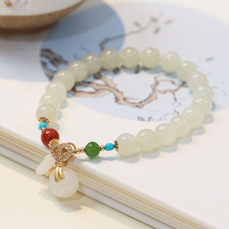 Natural Hetian White Jade 14K Gold Plated Money Bag Blessing Bracelet