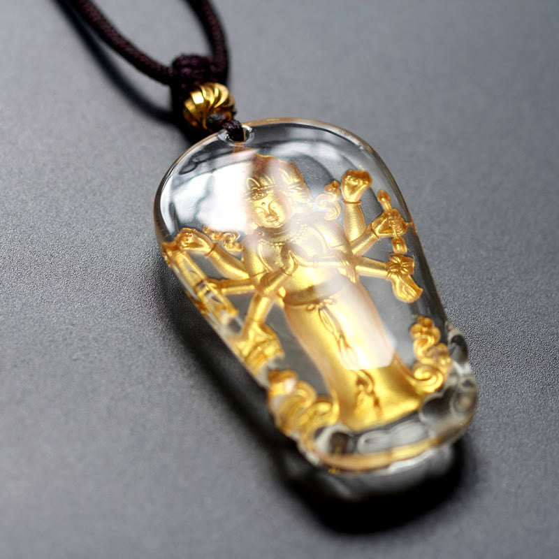 Tibetan Eight-armed Avalokitesvara Guanyin Buddha Gold Plated Liuli Crystal Wealth Necklace Pendant - Image 3