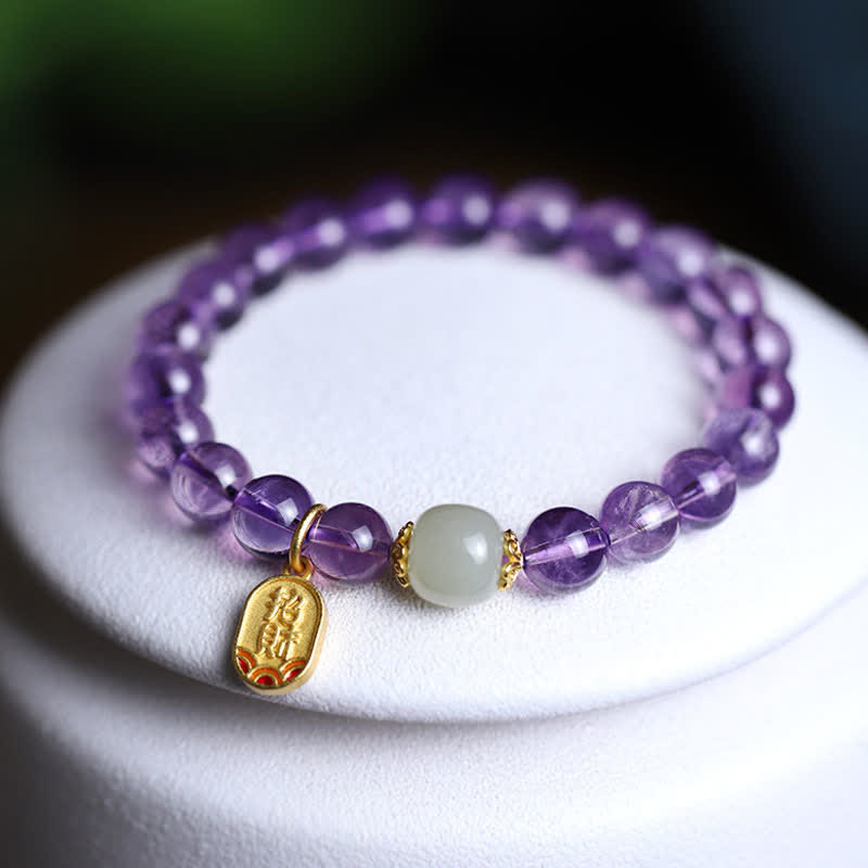 Natural Amethyst Crystal Hetian Jade Healing Charm Bracelet