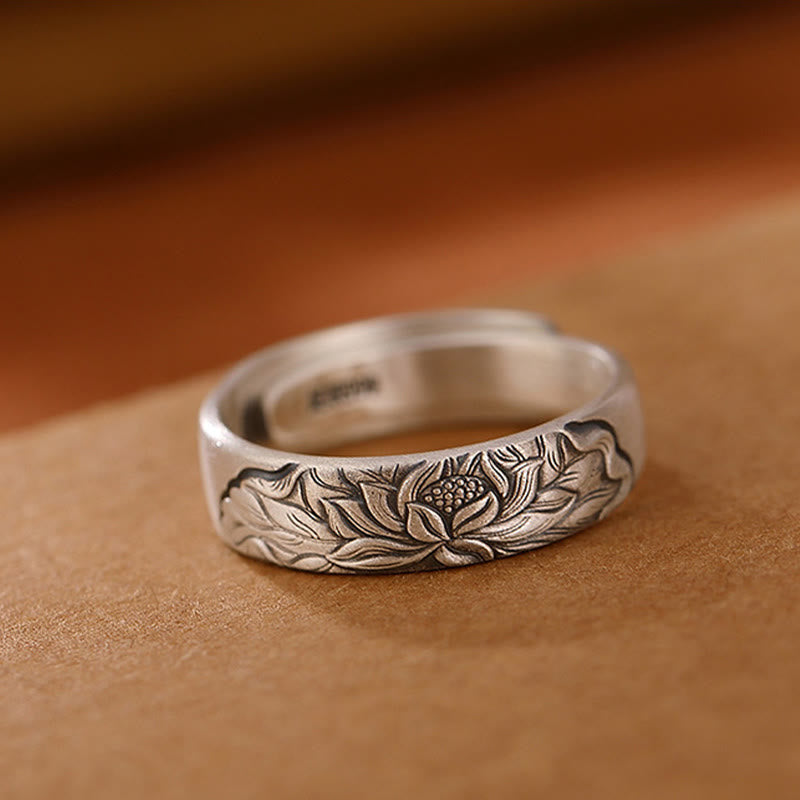 999 Sterling Silver Lotus Flower Plum Blossom Auspicious Clouds Engraved Enlightenment Ring - Image 3