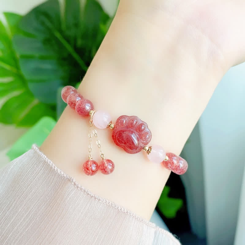 Natural Strawberry Quartz Pink Crystal Lucky Cat Paw Love Bracelet - Image 3