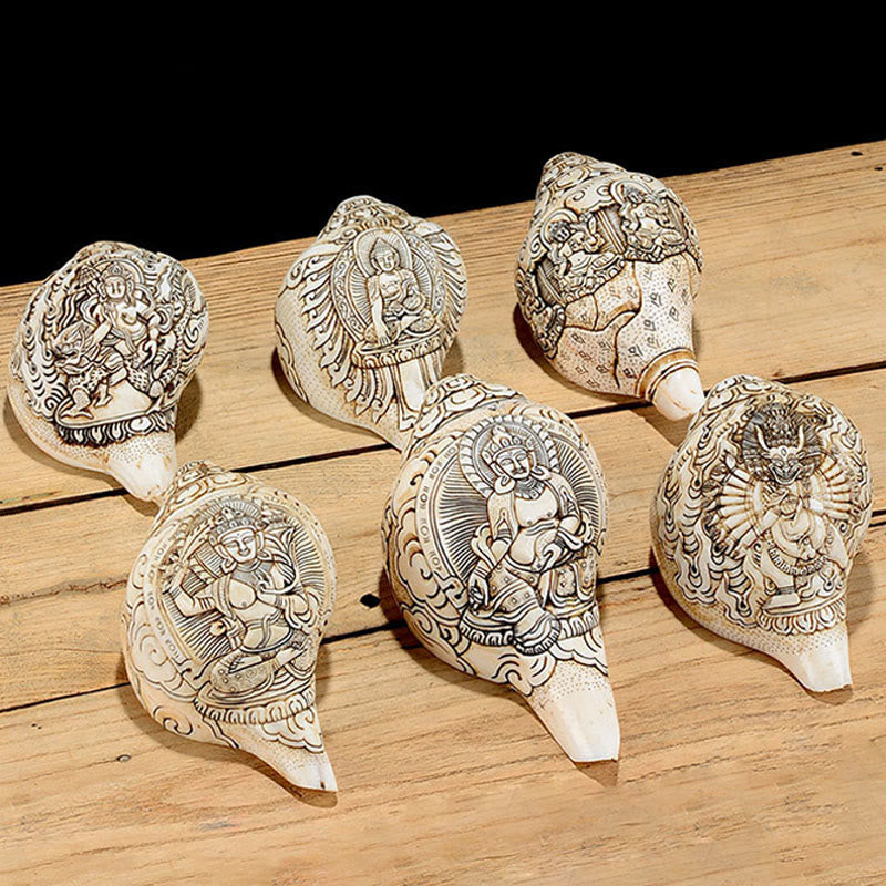 Tibetan Handmade Engraved Shankha Buddha Avalokitesvara Conch Shell Wealth Decoration - Image 4