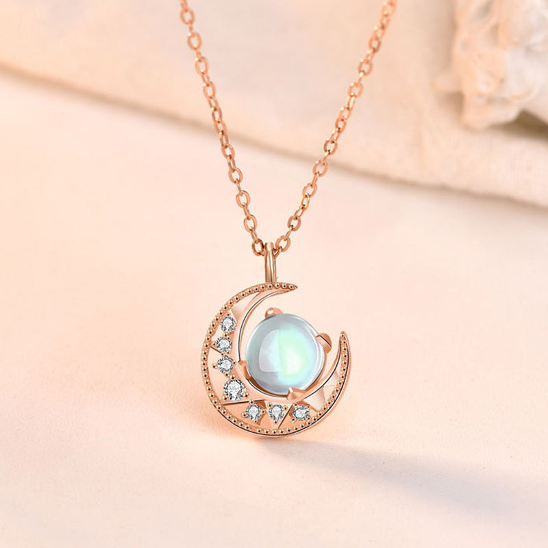925 Sterling Silver Moonstone Moon Pattern Love Necklace Pendant - Image 4