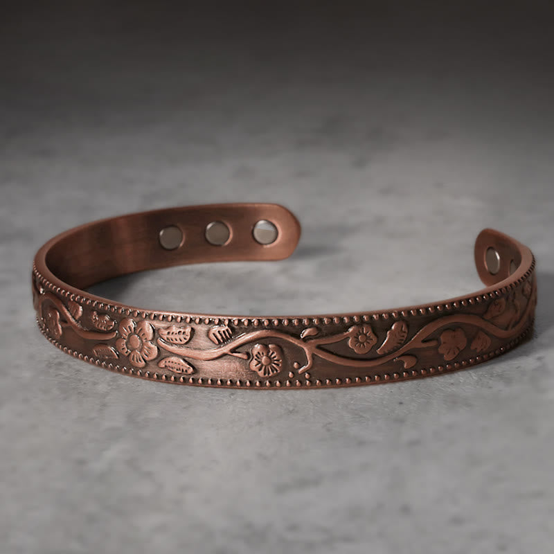 Floral Magnetic Copper Adjustable Cuff Bracelet Bangle