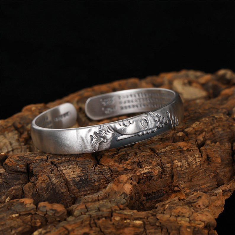 999 Sterling Silver Buddha Head Heart Sutra Serenity Bracelet Bangle - Image 3