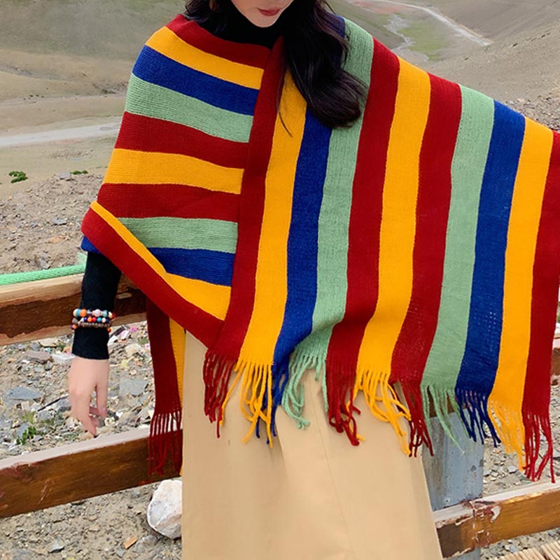 Tibetan Colorful Striped Design Shawl Tassels Pullover Winter Cozy Travel Scarf Wrap - Image 3
