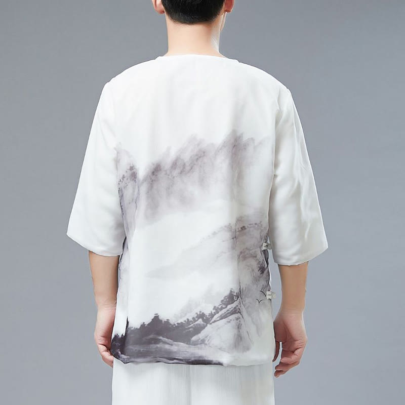 Men's Frog-Button Mountain Landscape Ink Painting Half Sleeve Shirt - Image 3