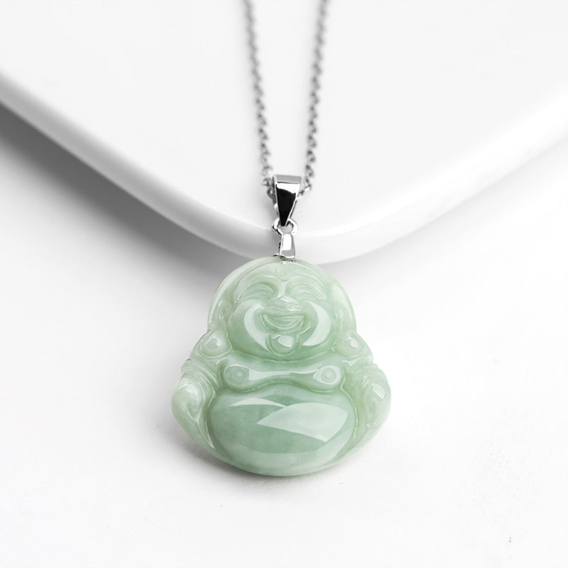 925 Sterling Silver Laughing Buddha Jade Blessing Necklace Chain Pendant - Image 4