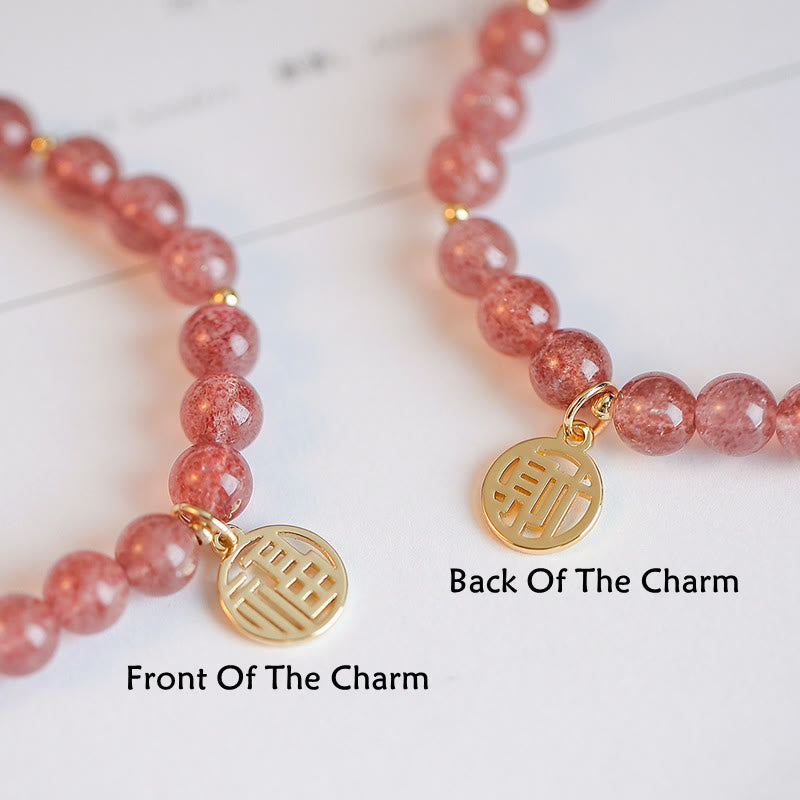 14K Gold Plated Strawberry Quartz Fu Character Healing Charm Bracelet - Image 4