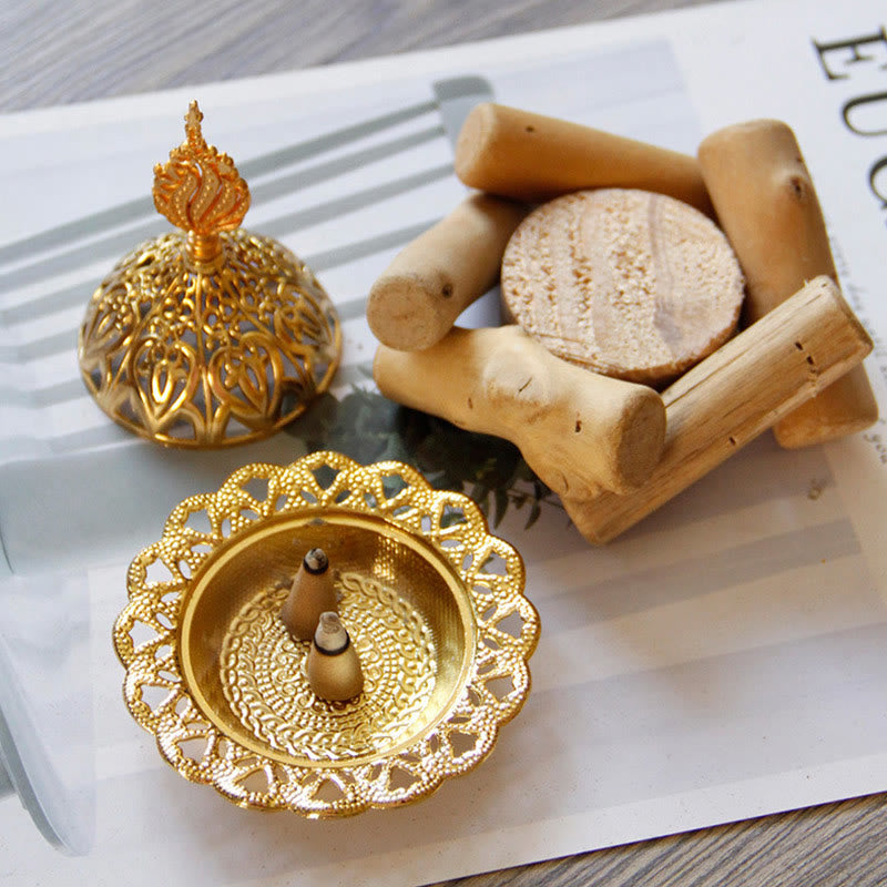 Gold Alloy Healing Mini Incense Burner With Wooden Coaster Home Decor - Image 3