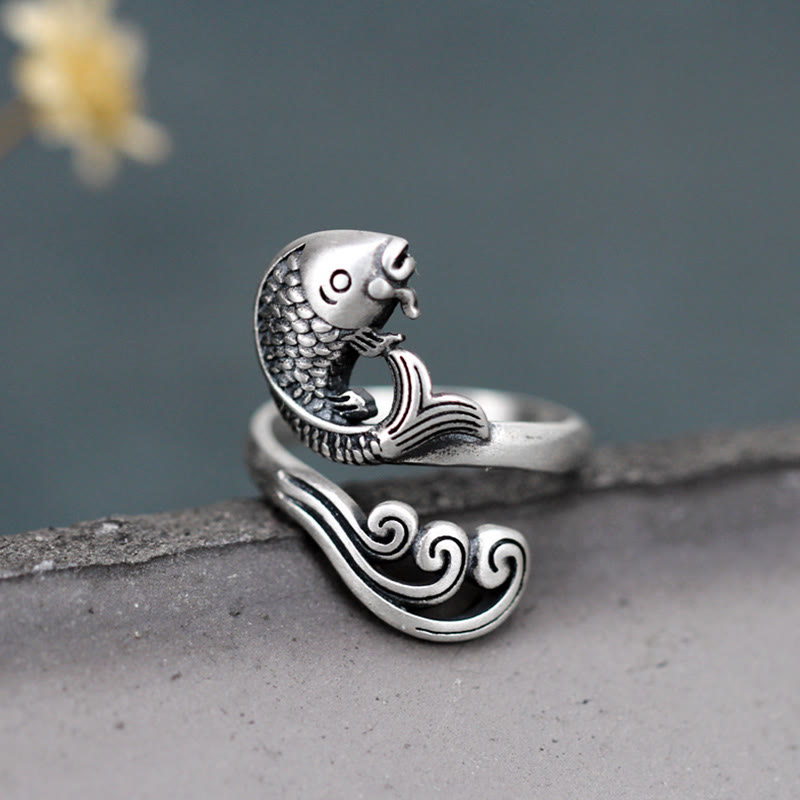 925 Sterling Silver Koi Fish Water Ripple Luck Wealth Ring - Image 5