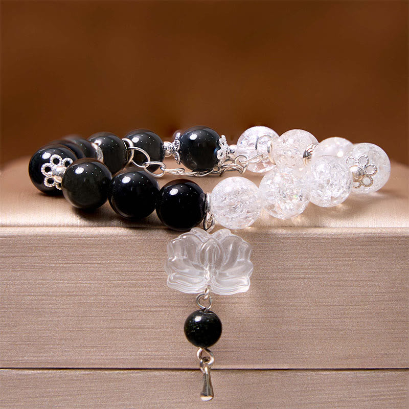 Silver Sheen Obsidian Crackle Clear Quartz Black Rutilated Quartz Yin Yang Lotus Protection Bracelet - Image 5