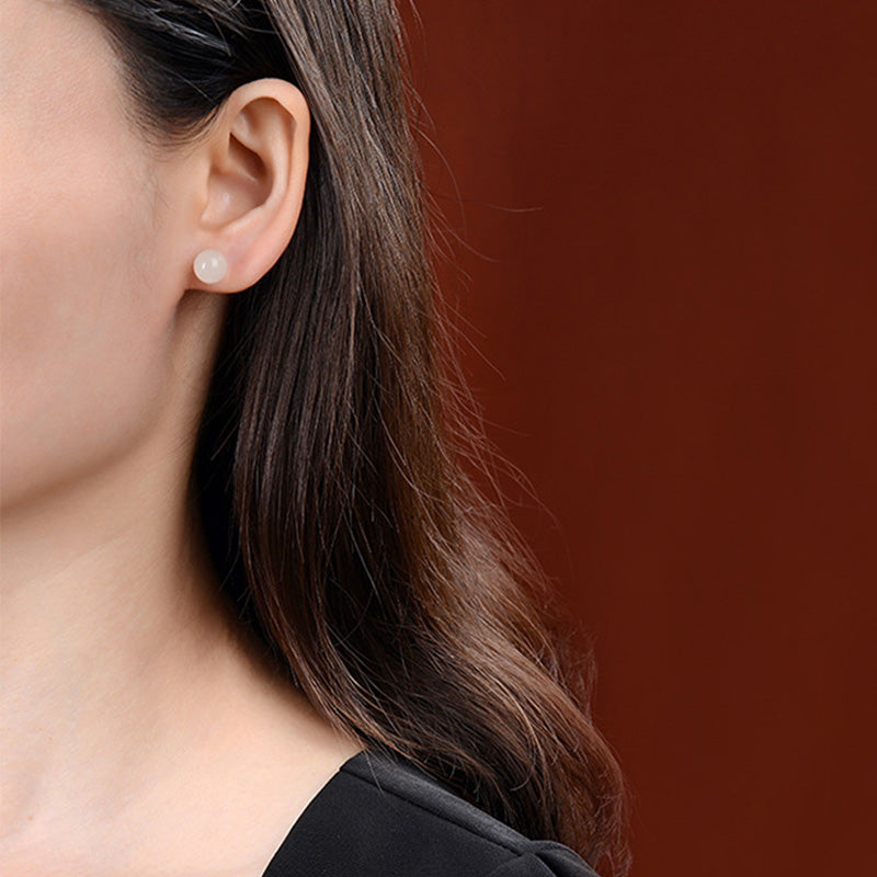 925 Sterling Silver Round White Jade Blessing Stud Earrings - Image 10