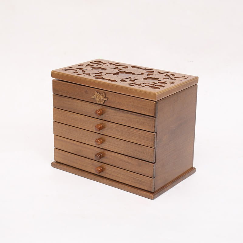 Large Capacity Vintage Flowers Carved Wooden Jewelry Box Six-Layer Jewelry Storage Box - Image 8