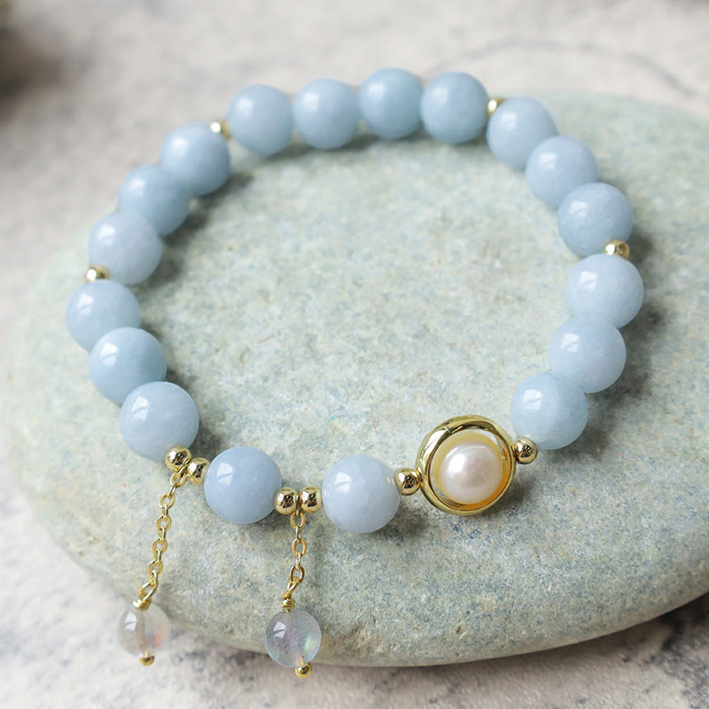 Aquamarine Pearl Healing Moonstone Beads Charm Bracelet - Image 4