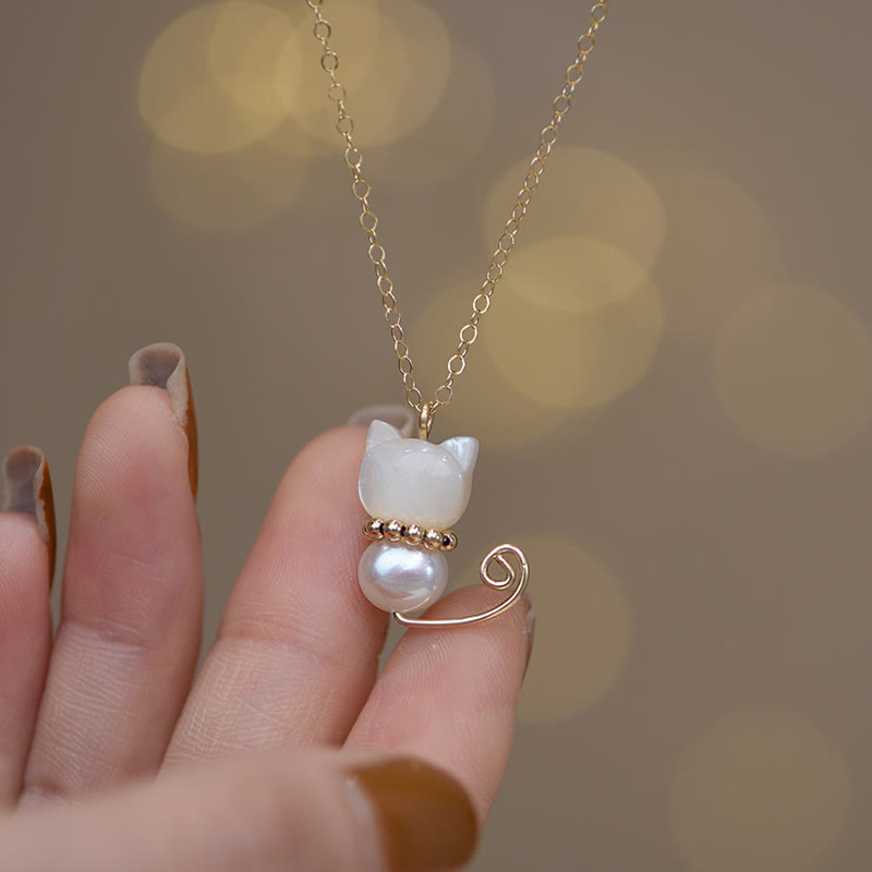 14K Gold Plated Pearl Hetian Jade Shell Luck Cat Kitten Necklace Pendant - Image 3