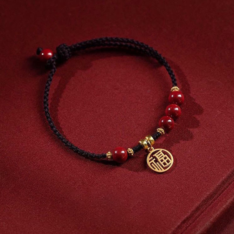 Cinnabar Bead Fu Character Charm Blessing Braided String Bracelet - Image 7