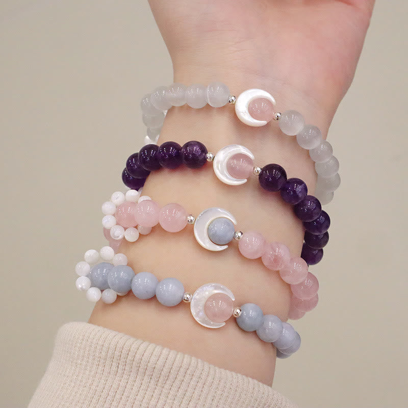 925 Sterling Silver Natural Amethyst Aquamarine Pink Crystal Cat's Eye Healing Crescent Moon Bracelet