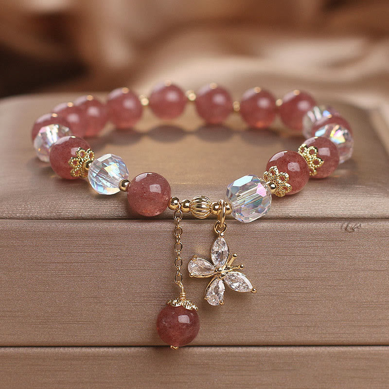 Natural Strawberry Quartz Love Healing Butterfly Charm Bracelet