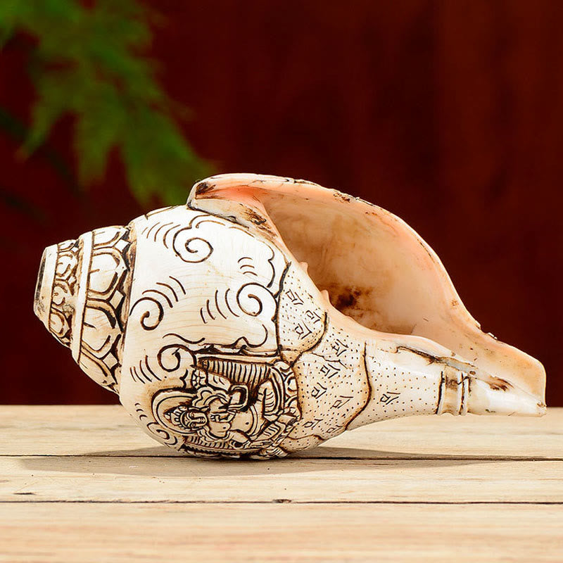 Tibetan Handmade Engraved Shankha Buddha Avalokitesvara Conch Shell Wealth Decoration - Image 23