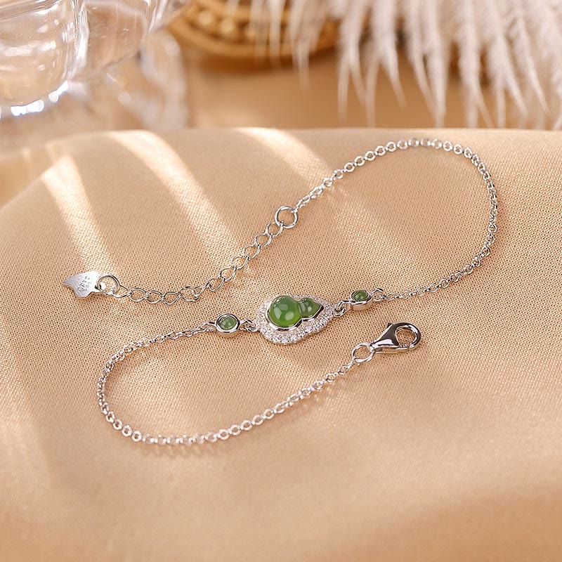 925 Sterling Silver Plated Gold Natural Hetian Cyan Jade Gourd Luck Bracelet Ring Set - Image 11