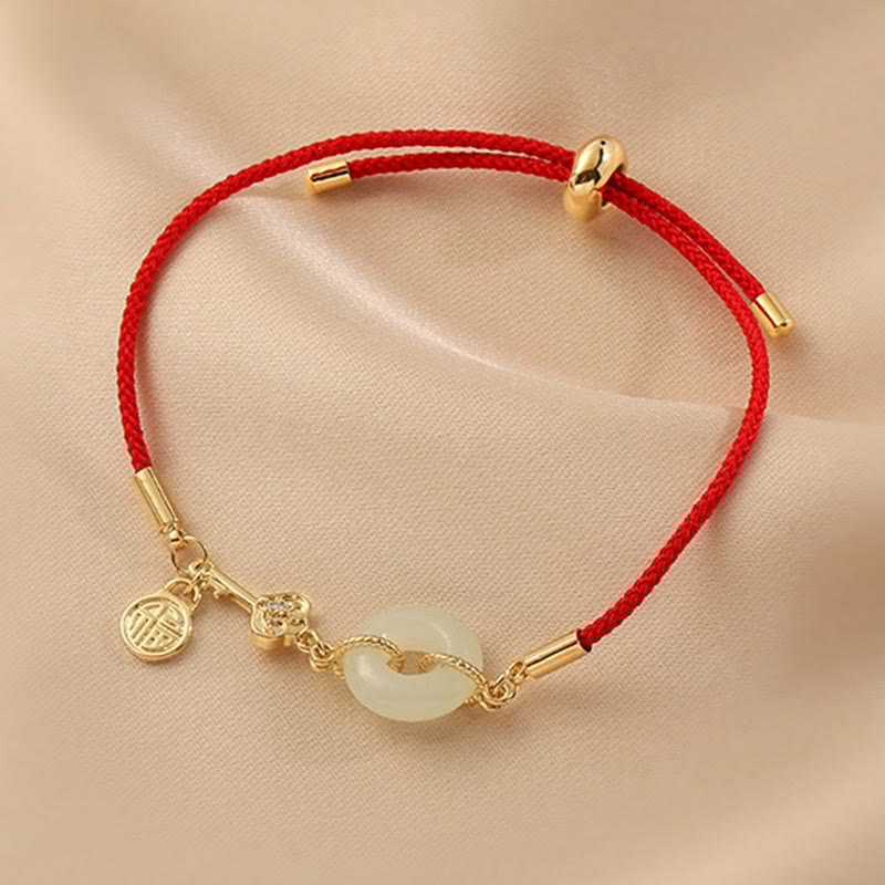 18K Gold Plated Hetian Jade Peace Buckle Fu Character Luck Red Rope Bracelet - Image 6