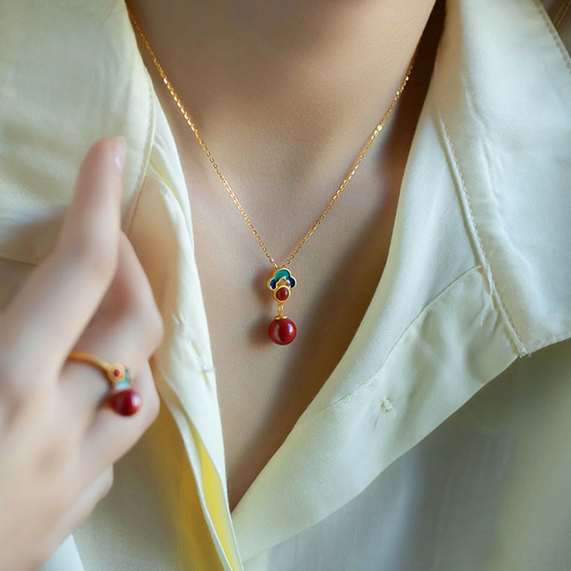 925 Sterling Silver Plated Gold Cinnabar Red Agate Blessing Necklace Pendant Earrings Ring Set - Image 3