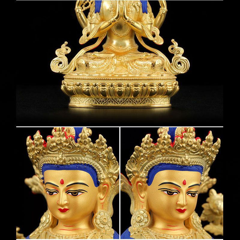 Chenrezig Four-armed Avalokitesvara Protection Copper Gold Plated Statue Decoration - Image 13