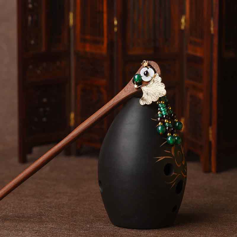 Red Sandalwood Green Agate Ginkgo Leaf Protection Hairpin - Image 4