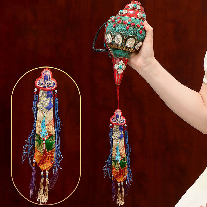 Tibetan Handmade Shankha Om Mani Padme Hum Buddha Avalokitesvara Turquoise Conch Shell Positive Decoration - Image 12