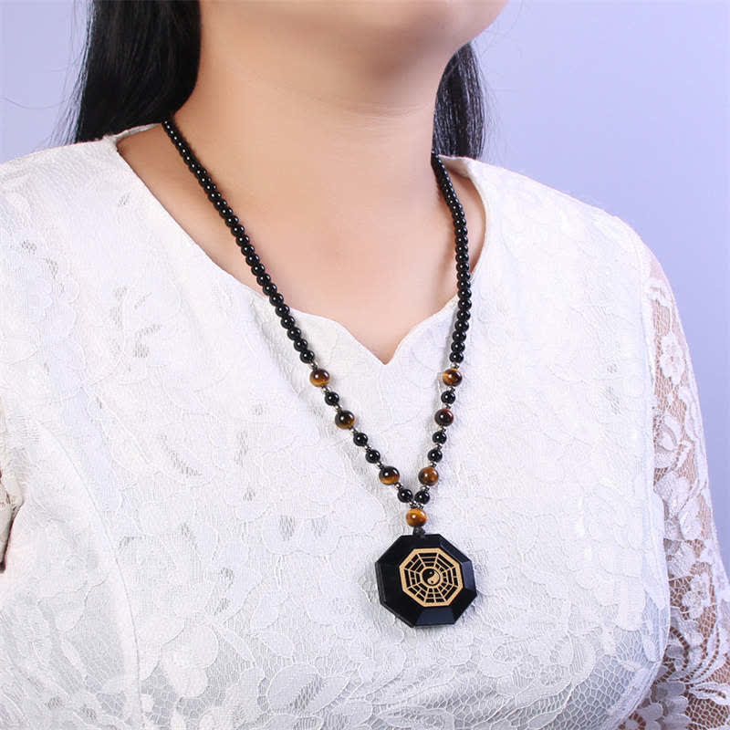 Bagua Yin Yang Black Obsidian Purification Beaded Necklace Pendant - Image 4