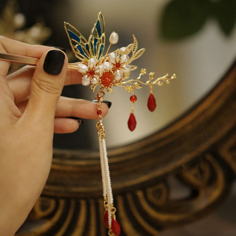 Classical Chinese Style Flower Branche Butterfly Pearl Tassel Hair Clip Hair Comb Hair Crown - Image 9