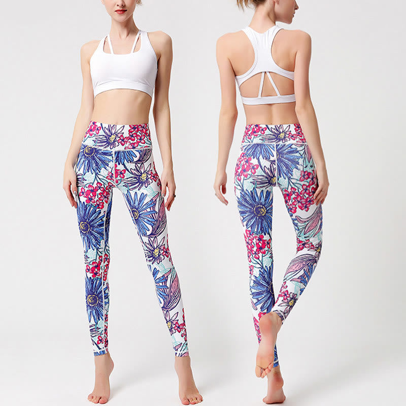 Colorful Flower Petal Leaves Print Sports Exercise Fitness High Waist Leggings Women's Yoga Pants - Image 9