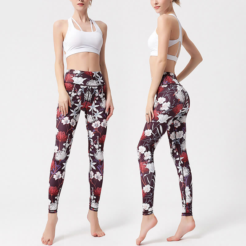 Colorful Flower Petal Leaves Print Sports Exercise Fitness High Waist Leggings Women's Yoga Pants - Image 3