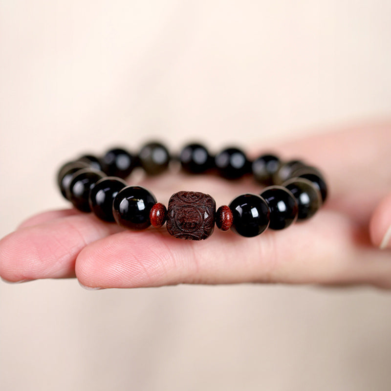Natural Gold Sheen Obsidian Rainbow Obsidian Om Mani Padme Hum Fu Character Healing Bracelet - Image 16
