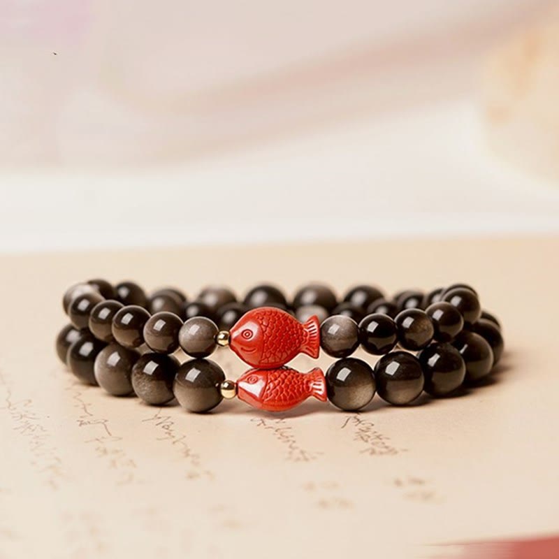 Natural Silver Sheen Obsidian Cinnabar Koi Fish Soothing Protection Bracelet