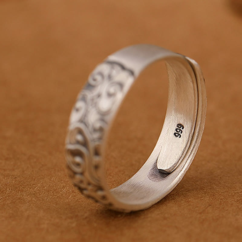 999 Sterling Silver Lotus Flower Plum Blossom Auspicious Clouds Engraved Enlightenment Ring - Image 12