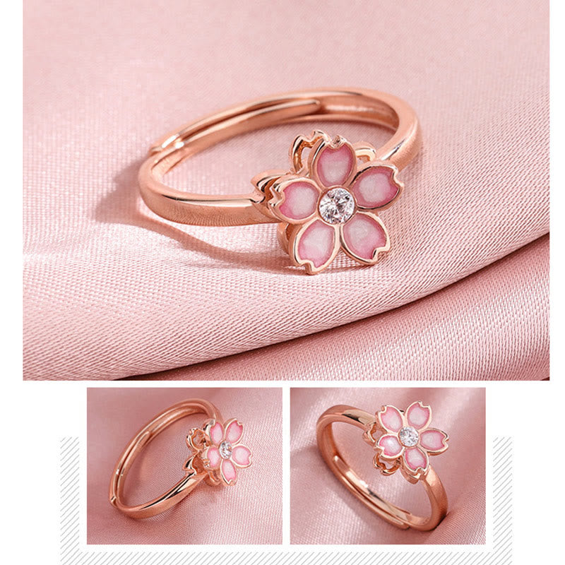 925 Sterling Silver Cherry Blossom Blessing Chain Bracelet Rotatable Ring - Image 18