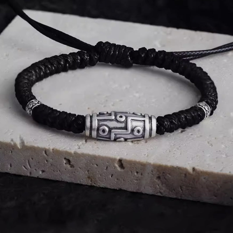 999 Sterling Silver Nine-Eye Dzi Bead Pattern Blessing Rope Bracelet