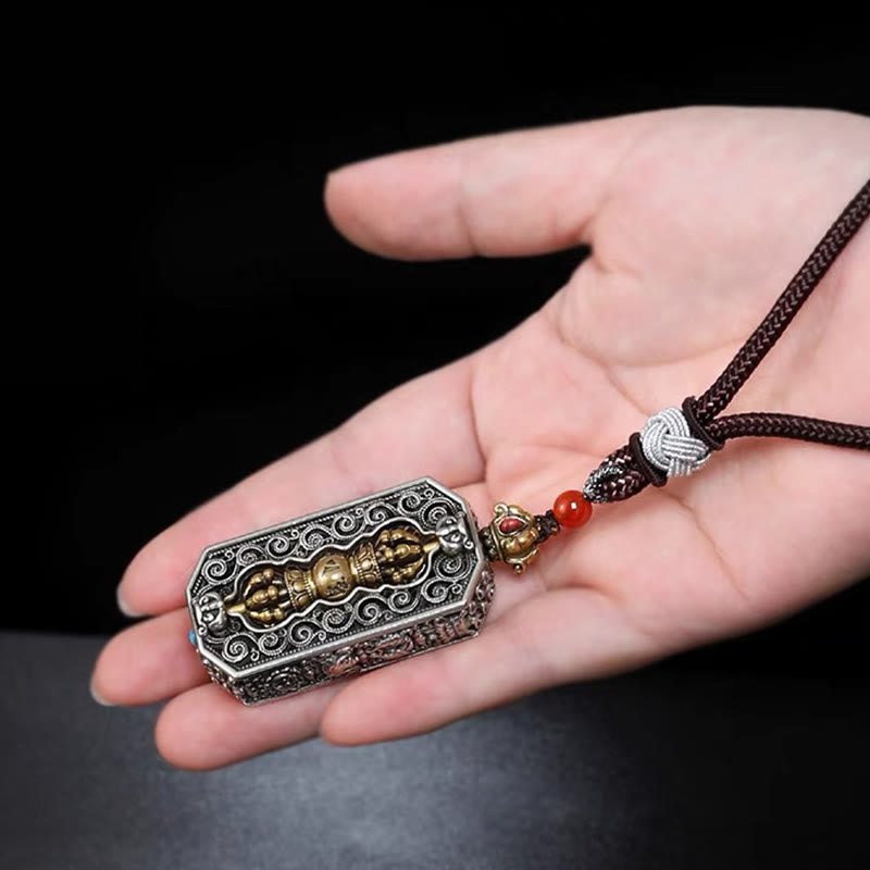 Tibetan Om Mani Padme Hum Carved Dorje Vajra Rotatable Lotus Pattern Purity Rope Necklace Pendant - Image 7