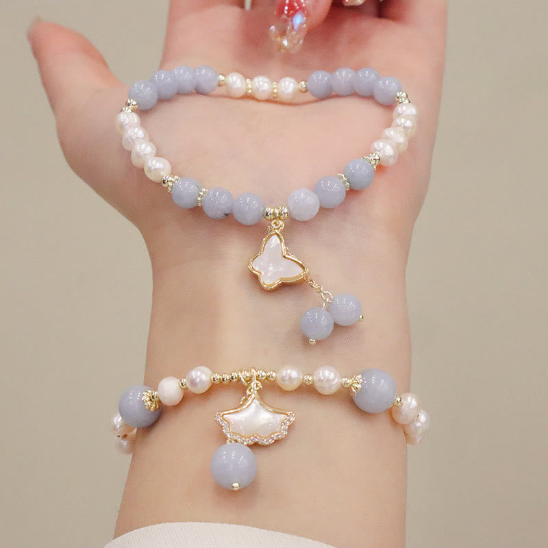 Natural Aquamarine Pearl Healing Ginkgo Leaf Butterfly Charm Bracelet