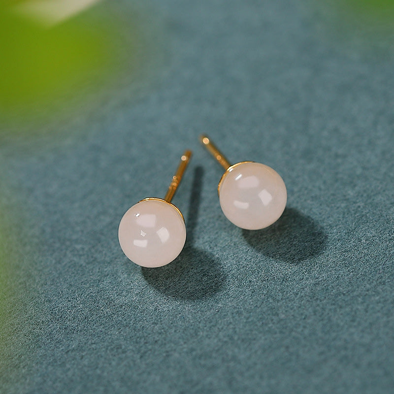925 Sterling Silver Round White Jade Blessing Stud Earrings - Image 5