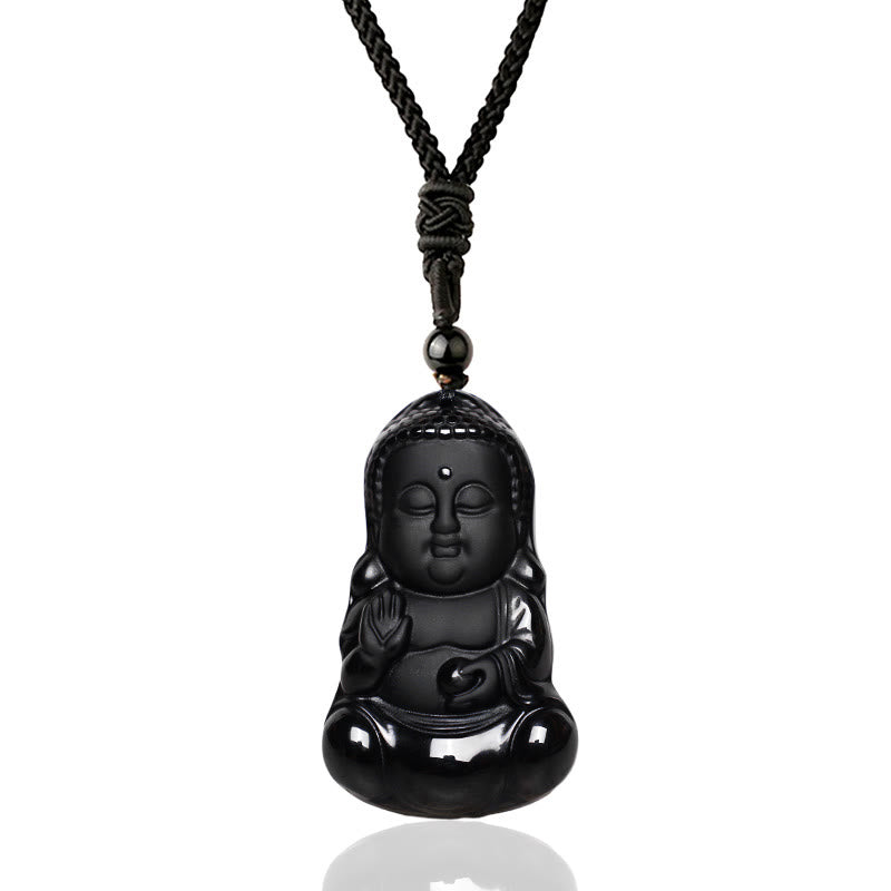 Natural Black Obsidian Crystal Buddha Strength Protection Amulet Lucky Charm Pendant Necklace