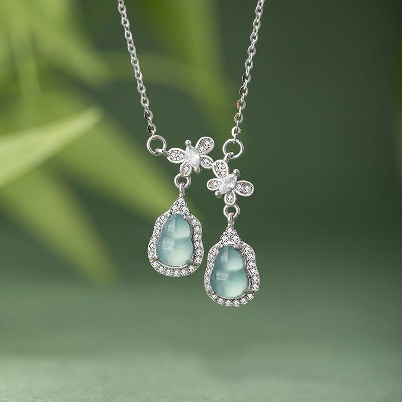 925 Sterling Silver Green Jade Double Gourd Butterfly Luck Necklace Pendant